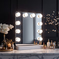 Solière Hollywood Glow LED Vanity Mirror lit on a marble vanity