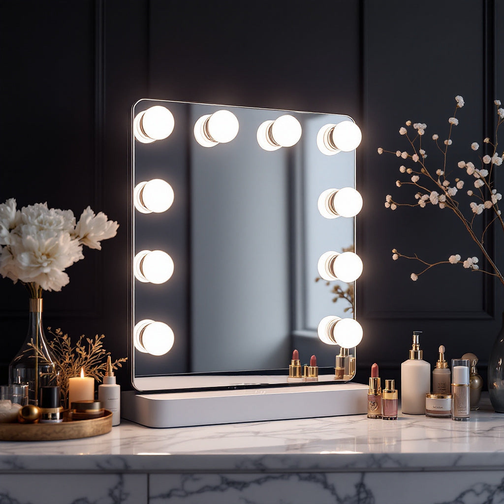 Solière Hollywood Glow LED Vanity Mirror lit on a marble vanity
